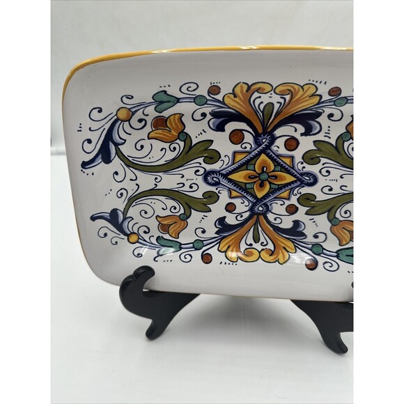 Italy Nova Deruta Rectangular Platter White With Blue Yellow & Green 10" x 6.5" - Picture 2 of 5